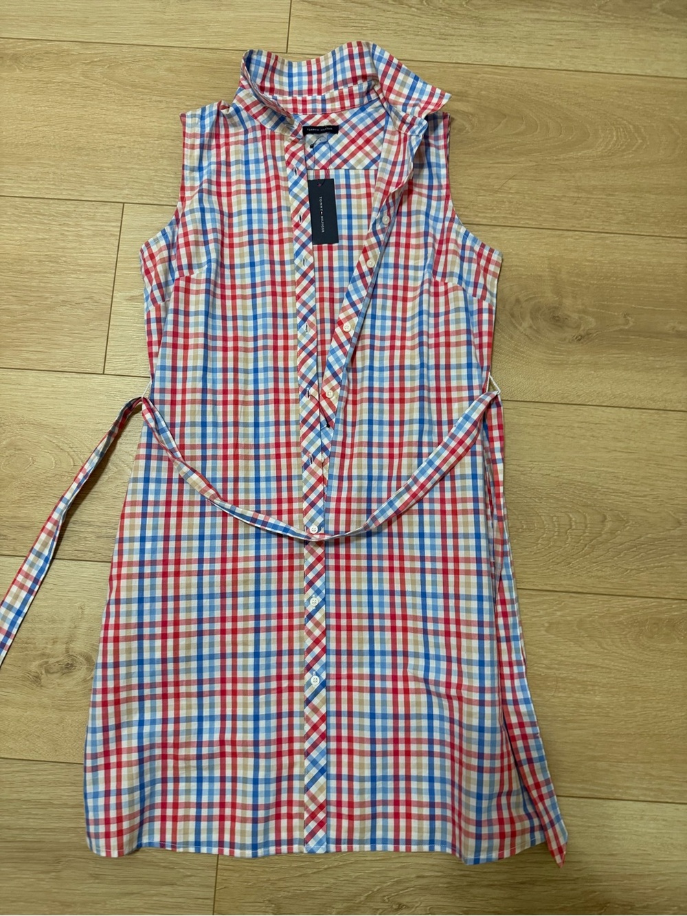 Tommy Hilfiger Sleeveless Plaid Shirt Dress in Red, Blue & White